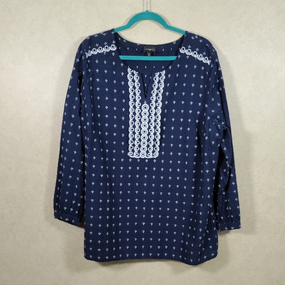 H151 Talbots navy blue cotton L/S blouse w/white dotted Swiss 2X